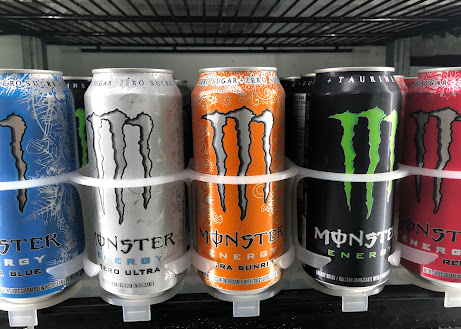 Monster Energy cans chilled and ready in the fridge