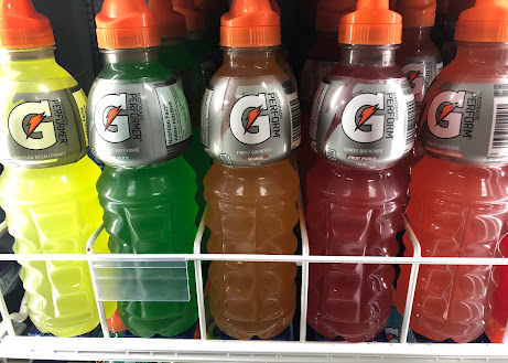 Gatorade bottles lined up in the cooler